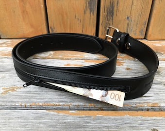 Money Belt, Full Grain Leather Belt, Black Leather Belt, Black Leather Stash Belt, Removable Buckle, Casual Belt, Leather Money Belt