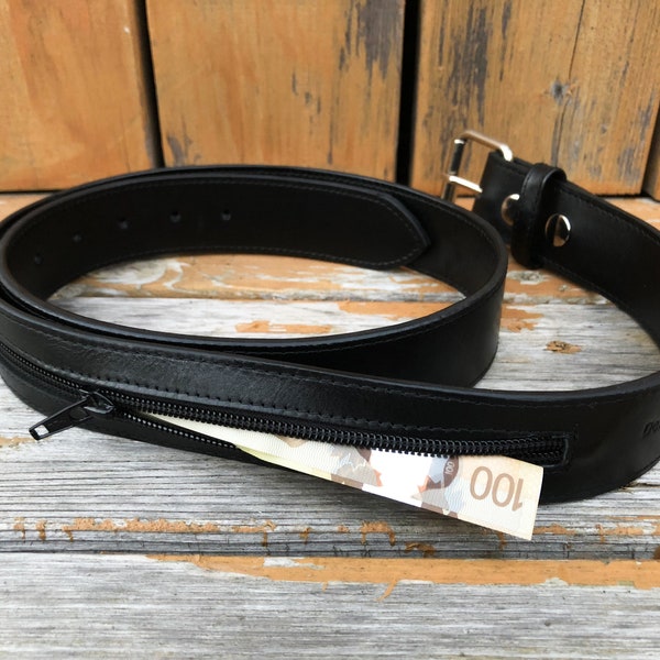 Money Belt, Full Grain Leather Belt, Black Leather Belt, Black Leather Stash Belt, Removable Buckle, Casual Belt, Leather Money Belt
