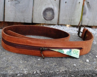 Full Grain Leather Belt, Distressed Leather Belt, Money Belt, Brown Leather Stash Belt, Removable Buckle, Casual Belt, Leather Money Belt