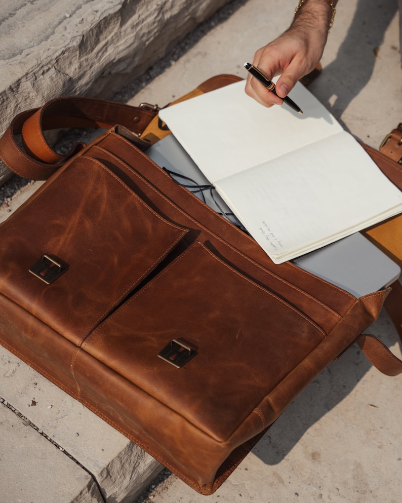 Leather Messenger Bag 16, Personalized Full Grain Leather Laptop Briefcase, Mens Brown Crossbody Bag Monogram, Christmas Gifts For Him image 3