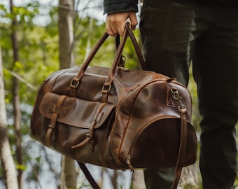 Leather Duffle Bag Men, Full Grain Leather Duffel with Shoe Compartment, Personalized Weekender Luggage Carryon Bag, Christmas Gifts For Him