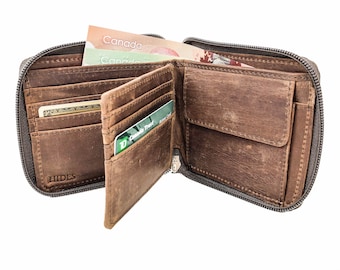 Cartera de cuero para hombre, billetera con monograma y cremallera, bolsillo para monedas, billetera personalizada con grabado personalizado en marrón, regalo de Navidad para él