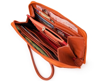 Wristlet Wallet Women, Monogram Orange Leather Wallet Wrist Strap, Personalized Full Grain Leather Zip Around Wallet, Christmas Gift For Her