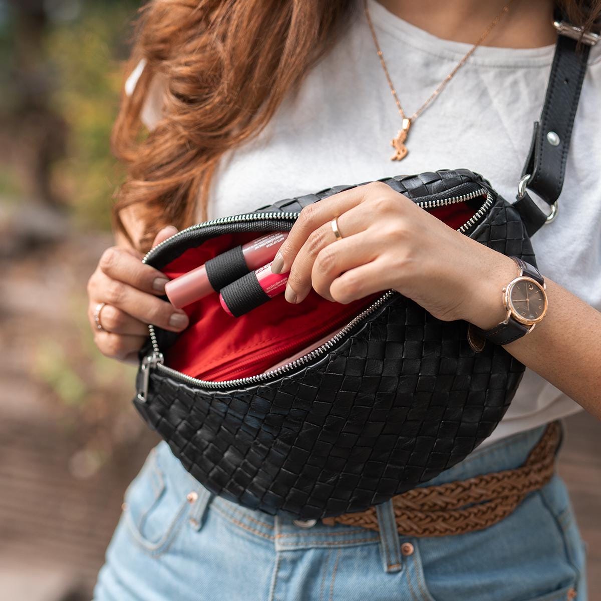 Woven Leather Belt Bag for Women – Full Grain Leather Bum  display picture 1