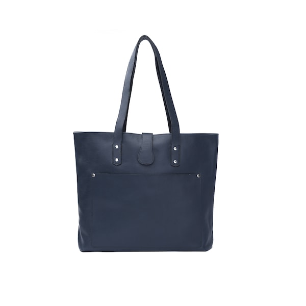 Blauw lederen tas dames, volnerf leer gepersonaliseerde tas met buitenzak, lederen jubileumcadeaus voor haar, grote emmer tas portemonnee