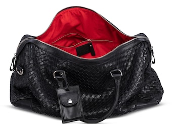 Black Leather Travel Bag Full Grain Leather Woven Duffle Airline Friendly Premium Weekender Carryon Bag Christmas Gifting Anniversary Gift