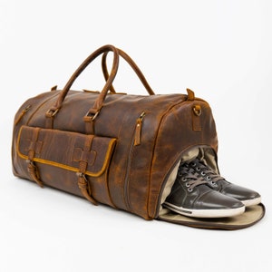 Leather Duffle Bag Men, Personalized Duffle with Shoe Compartment, Full Grain Leather Weekender Travel Bag, Christmas Gifts For Him