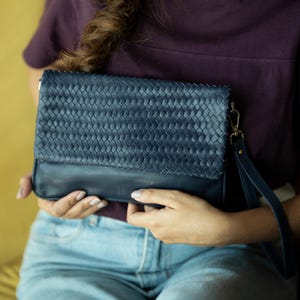 Sac à main en cuir bleu pour femme - Sac à main minimaliste fait main