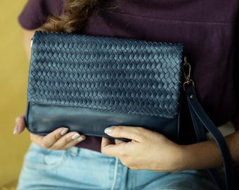 Blue Leather Wristlet Bag for Women - Minimalist Handmade Purse