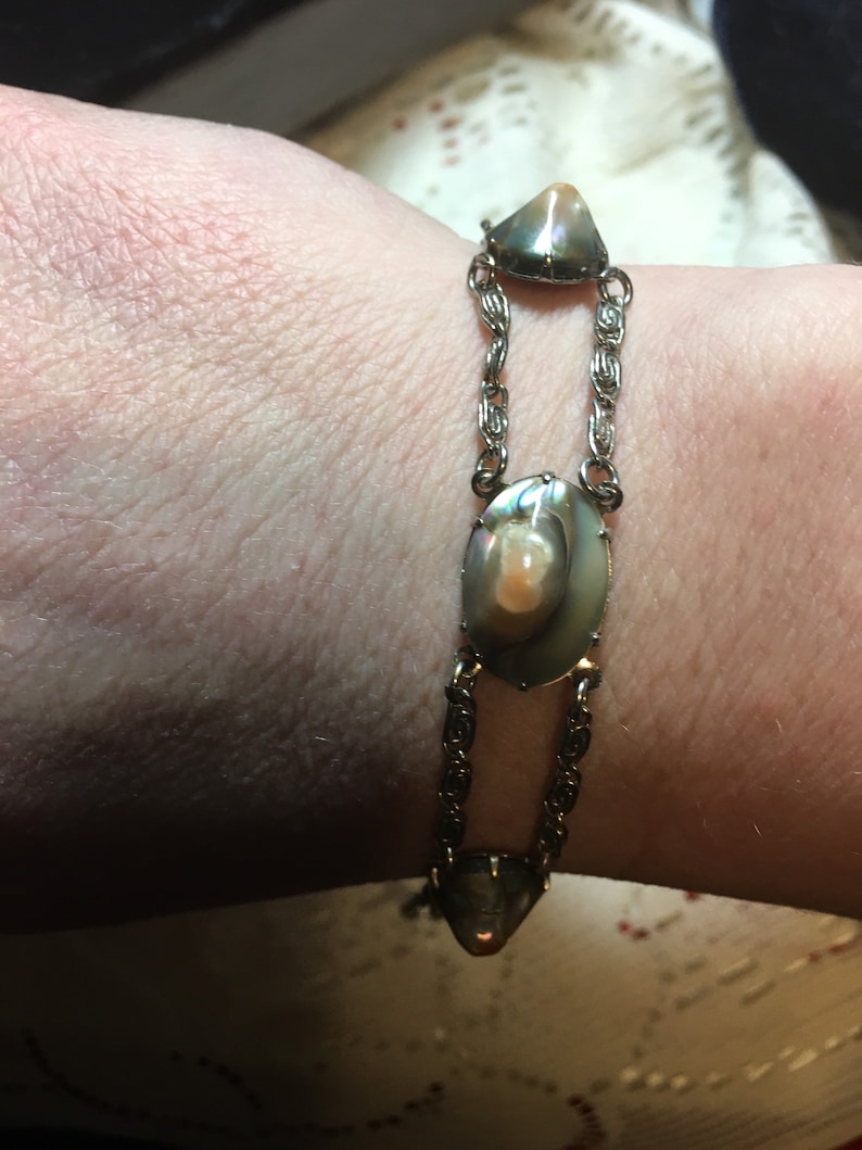 Rare Double Chain Blister Pearl Silver Tone Bracelet