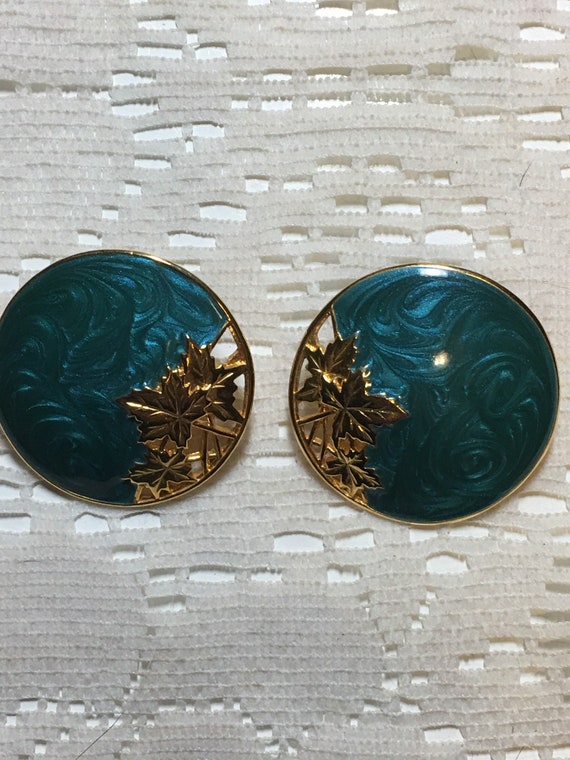 Circular Berebi Teal and Gold Tone Leaf Earrings - image 1