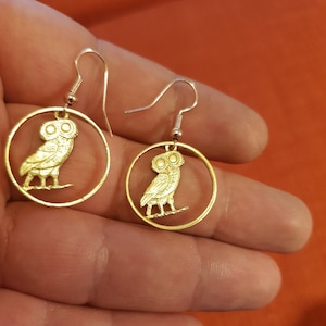 Owl  Greek Coin Cut Drachma ,Handmade earrings.
