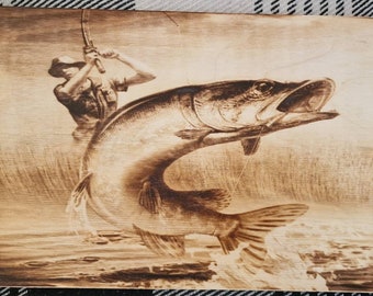 Hechtangeln Bild auf Holz eingebrannt Pyrographie A4 Größe