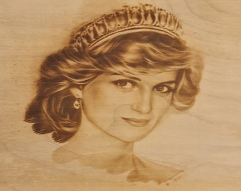 Diana Princess of Wales Bild gebrannt auf Holz Pyrografie A4 Größe kostenaufwendtes Bild