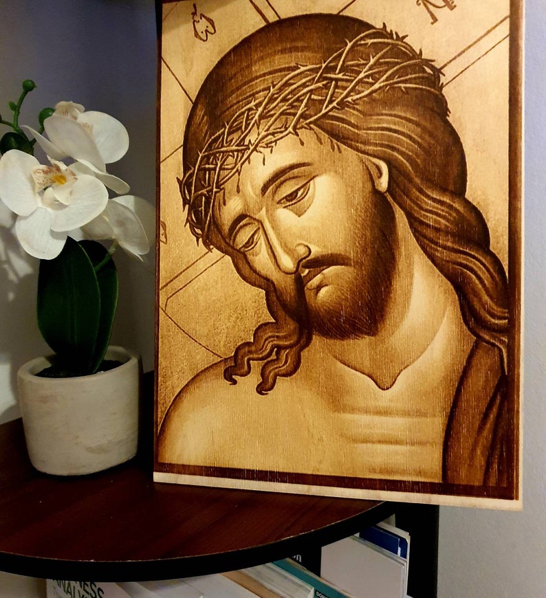 Jesus Christ The Savior in Crown of Thorns icon image burned on wood pyrography A4 size