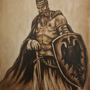 Gjergj  Kastrioti Skenderbeu,photo  burned on wood pyrography. ( A4  size)