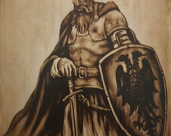 Gjergj  Kastrioti Skenderbeu,photo  burned on wood pyrography. ( A4  size)