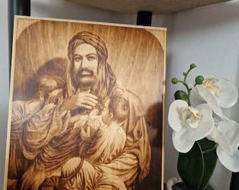 Imam Ali und Waisenkinder Holz brennen Pyrographie Größe A4 Bild auf Sperrholz gebrannt