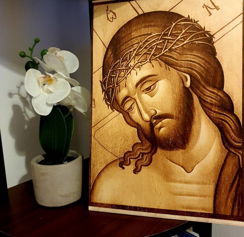 Jesus Christ The Savior in Crown of Thorns icon image burned on wood pyrography A4 size