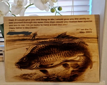 Dad is fishing image burned on wood pyrography customizee write your Carp catch record or write a message A4 size