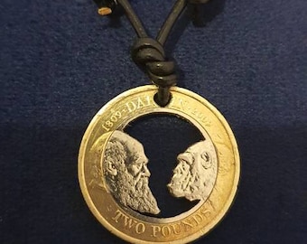 Charles Darwin  2 pound  British coin  cut  necklace  handmade
