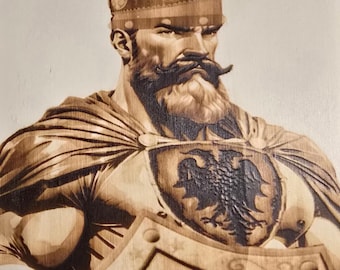 Gjergj Kastrioti Skenderbeu, Foto eingebrannt auf Holz Brandmalerei. (A4 größe)