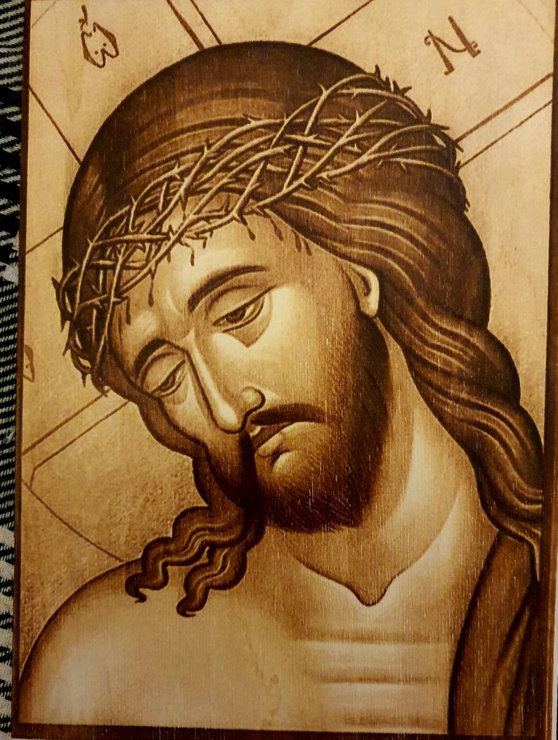 Jesus Christ The Savior in Crown of Thorns icon image burned on wood pyrography A4 size