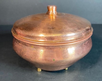 Hammered Copper Brass Footed Covered Serving Bowl