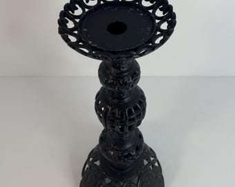 Antique Japanese Ornate Black Cast Iron Candlestick