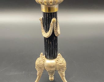 French Empire Style Black Column Gilt Brass Neoclassical Tripod Candlestick Holder