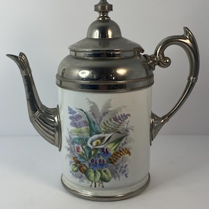 Antique Manning Bowman & Co Enamel Pewter Coffee Pot