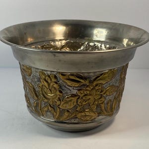 Vintage Repoussé Silver Tone and Brass Bowl Planter Jardinière Burmese