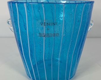 Venini For Disaronno Murano Glass Blue White Stripe Ice Bucket