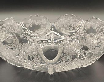 New Martinsville Radiance Floral Meadow Wreath 12” Etched Ruffled Glass Centerpiece Bowl