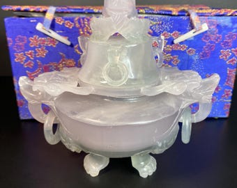 Chinese Carved Stone Dragon Handled Tripod Incense Burner Censer & Silk Deco Box
