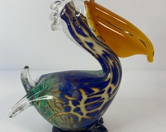 Murano Art Glass Pelican Sculpture: Blue, Green, Amber Aventurine Pouch Bill