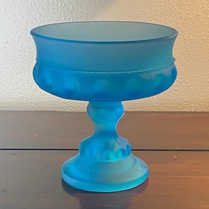 Indiana Glass Frosted Blue Satin Kings Crown Footed Compote Candy Dish