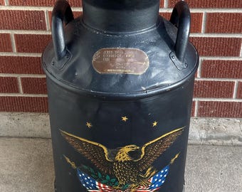 Antique 10 Gallon Milk Can: Patriotic Eagle Americana Decor, Blue Valley Creamery, Goodrich Michigan Tag