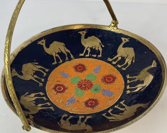 Vintage Brass & Enamel Camel Motif Decorative Handled Bowl