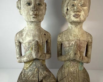 RARE Antique Hand Carved Wooden Javanese Loro Blonyo Fertility Figures Wonderfully Weathered