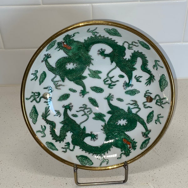 MCM 1950’s Japanese Porcelain Bowl encased in Brass White Green Dragon hand painted Hong Kong RARE