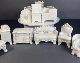 Miniature Porcelain Victorian Style Dollhouse Furniture Set 15 Pieces Made in Japan