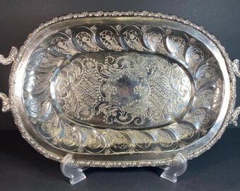 Hand Engraved Moroccan Silver Handled Oval Serving Platter Tray