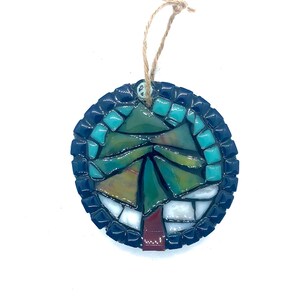 Mosaic Christmas Palm Tree with Peace Sign Wood Slice Ornament
