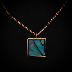 Cut Abstract Blue Green Stained Glass Square Silver Mosaic Pendant
