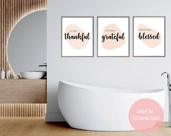 Thankful Grateful Blessed Wall Art, 3 Piece Art, Word Wall Art Blessed Thankful, Blessed Wall Decor, Large Thankful Sign, Printable Word Art