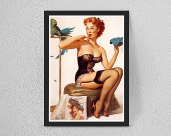 Gil Elvgren Framed Canvas Art Print,Retro Vintage A4 A3 Man Cave Poster Pin Up