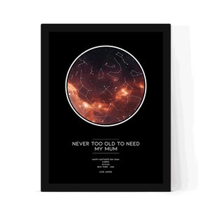 Gepersonaliseerde Nooit te oud om mijn moeder nodig te hebben, Moederdag sterrenkaart, nachtelijke hemel print, moeder/moeder cadeau/oma print, mama cadeauartikelen.