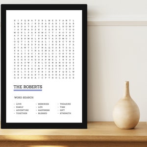 May include: A black and white word search puzzle with the title "The Roberts" and a list of words to find, including "love", "family", "adventure", "together", "memories", "life", "happiness", "blessed", "treasure", "time", "gift", and "strength".