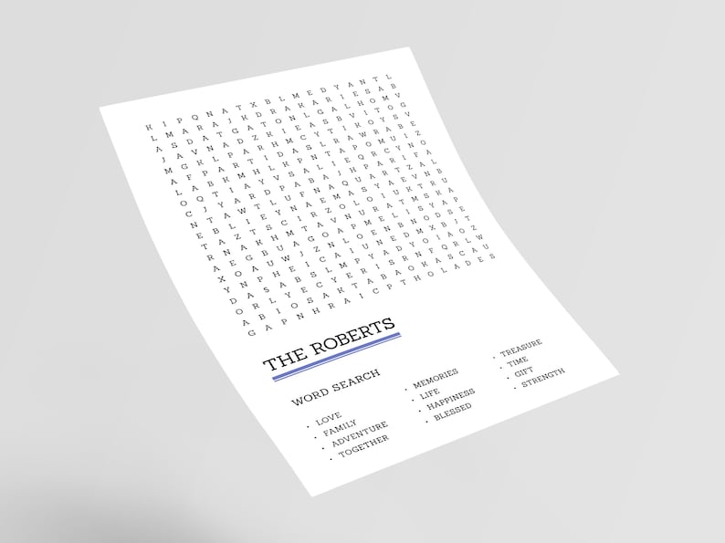 May include: A black and white word search puzzle with the title "The Roberts" and a list of words to find, including "love", "family", "adventure", "together", "memories", "life", "happiness", "blessed", "treasure", "time", "gift", and "strength".